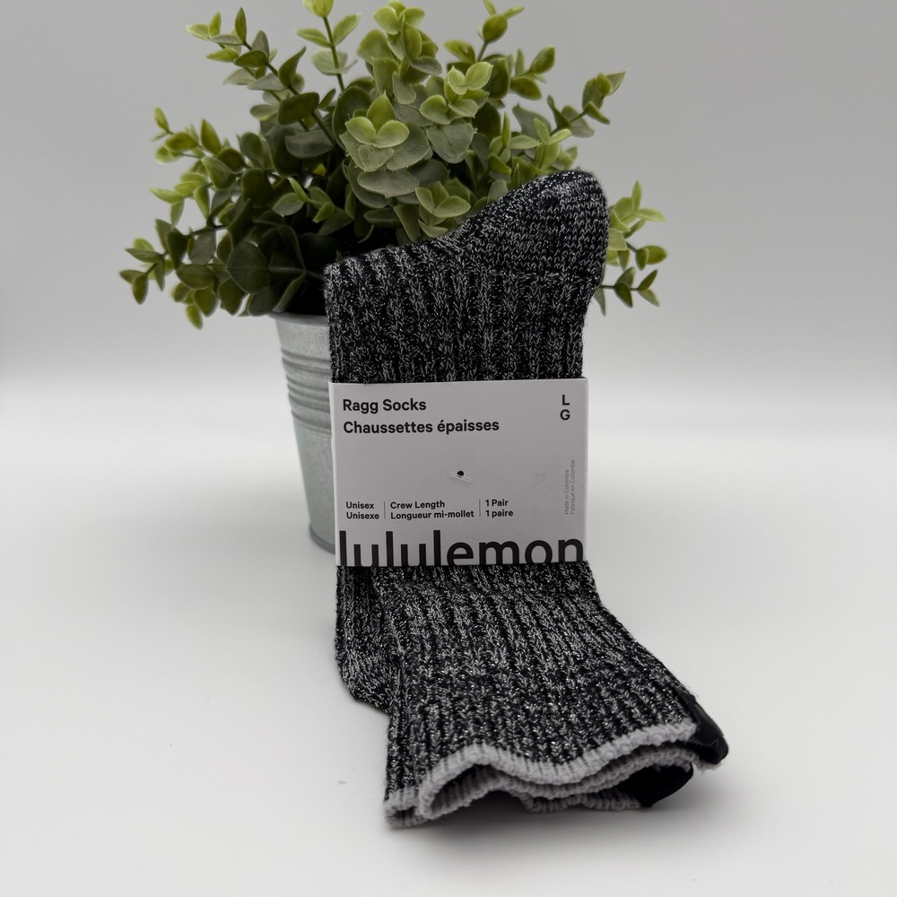 Lululemon Ragg Socks Black Silver Unisex Crew Length Size Large NWT